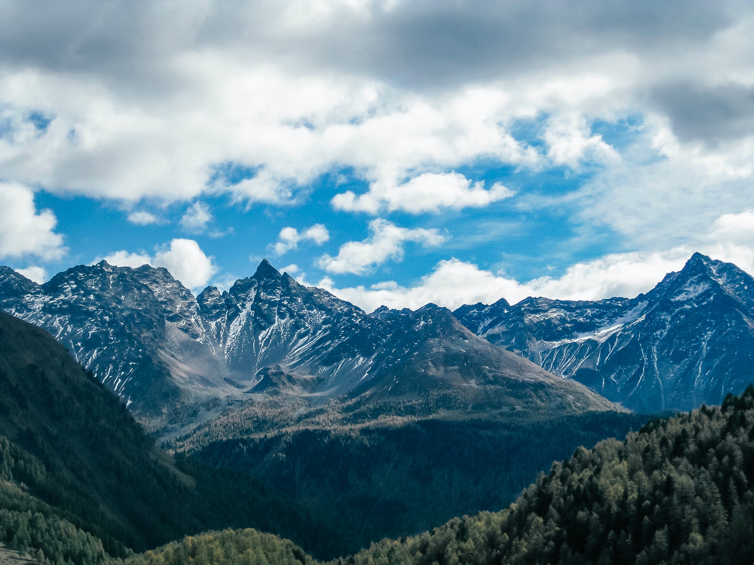 Mountains in the distance with treeline in the foreground; cloudy, overcast day